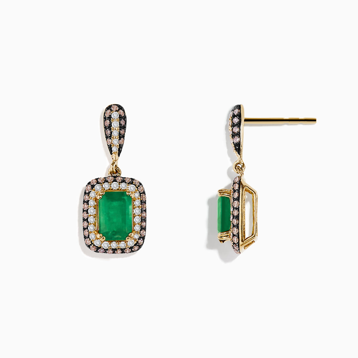 14K Yellow Gold Emerald and Diamond Drop Earrings, 2.51 TCW, featuring rectangular green emeralds framed by two rows of sparkling diamonds in a yellow gold and black metal setting.
