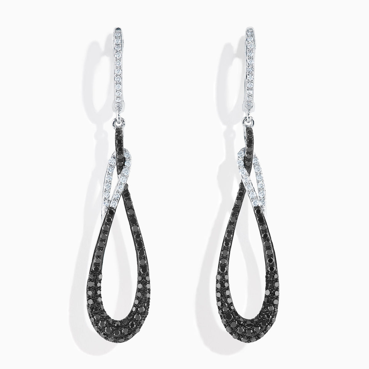 14K White Gold Black and White Diamond Interlocking Teardrop Drop Earrings
