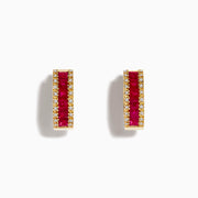 Ruby Royal 14K yellow gold 5/8 hoop earrings feature a row of princess cut rubies (1.76 TCW) in the center, bordered by small white diamonds on each side, set against a white background.
