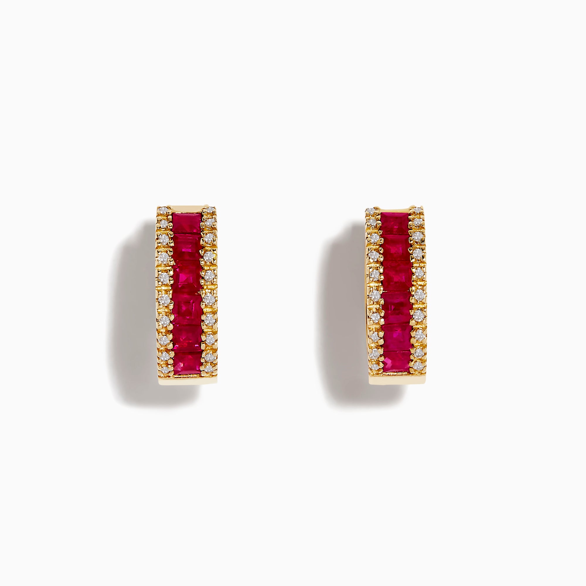 Ruby Royal 14K yellow gold 5/8 hoop earrings feature a row of princess cut rubies (1.76 TCW) in the center, bordered by small white diamonds on each side, set against a white background.