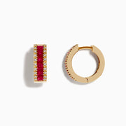 Ruby Royal 14K yellow gold 5/8 hoop earrings feature a row of princess cut rubies (1.76 TCW) in the center, bordered by small white diamonds on each side, set against a white background.