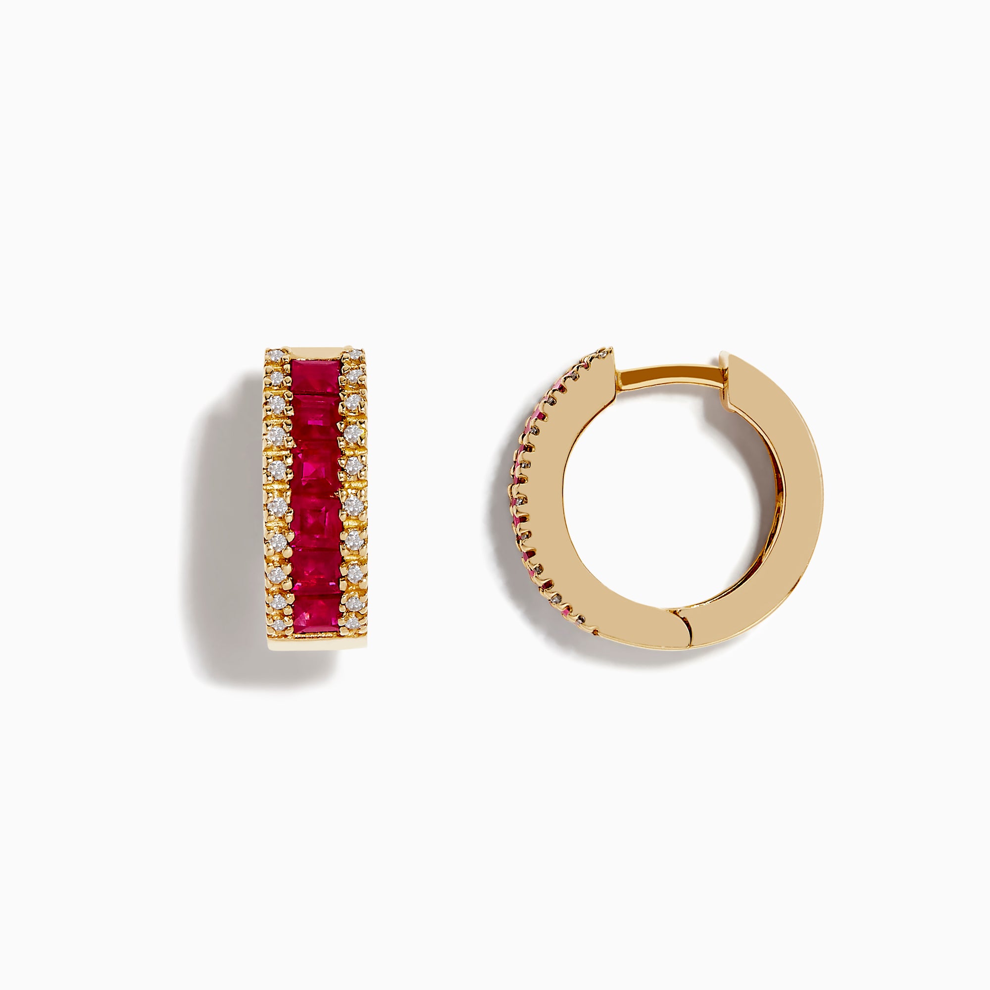Ruby Royal 14K yellow gold 5/8 hoop earrings feature a row of princess cut rubies (1.76 TCW) in the center, bordered by small white diamonds on each side, set against a white background.