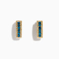 14K Yellow Gold Blue and White Diamond Three-Row Pave Huggie Earrings