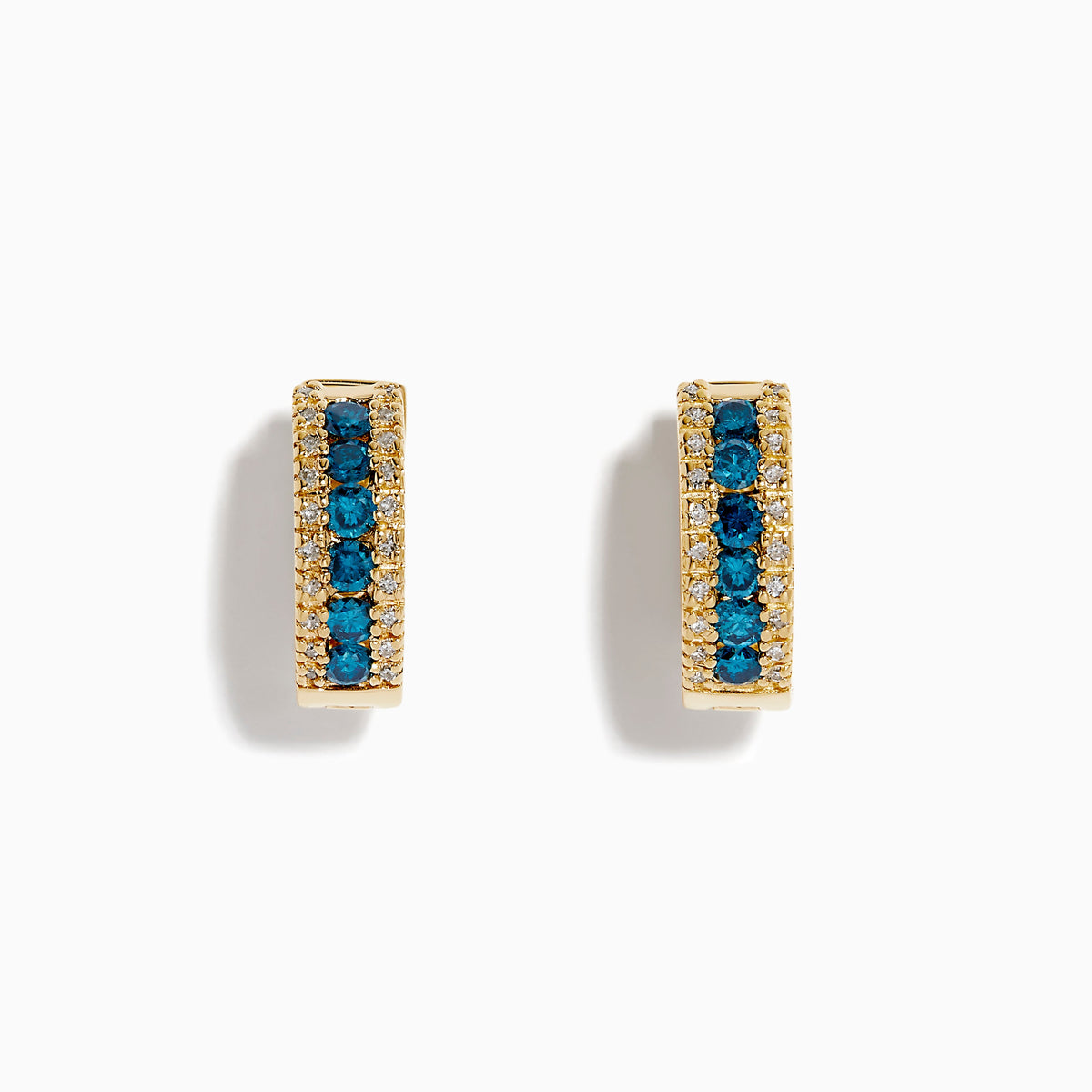 14K Yellow Gold Blue and White Diamond Three-Row Pave Huggie Earrings