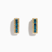 14K Yellow Gold Blue and White Diamond Three-Row Pave Huggie Earrings