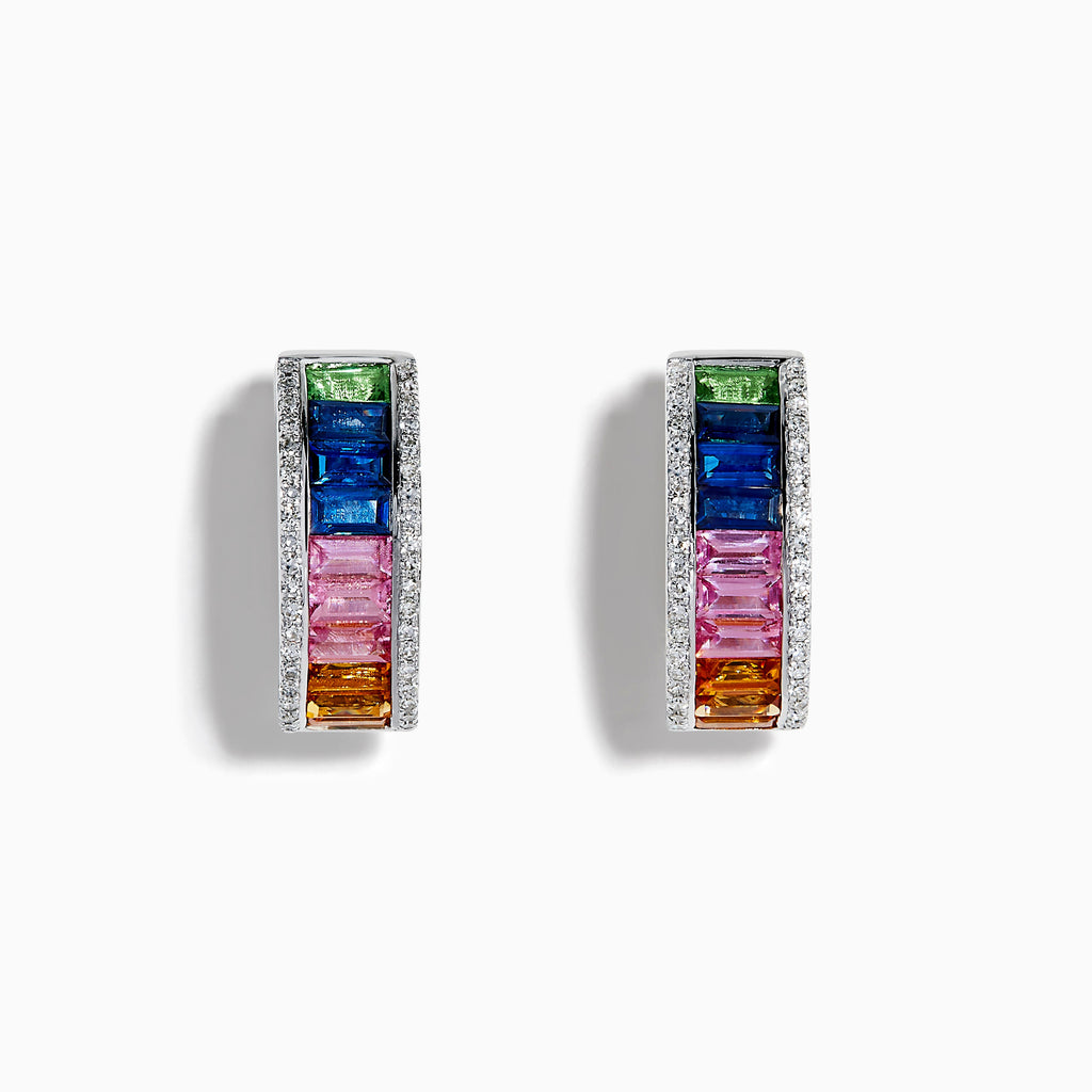 Watercolors 14K White Gold Multi Sapphire, Tsavorite and Diamond Rainbow Channel-Set Huggie Earrings