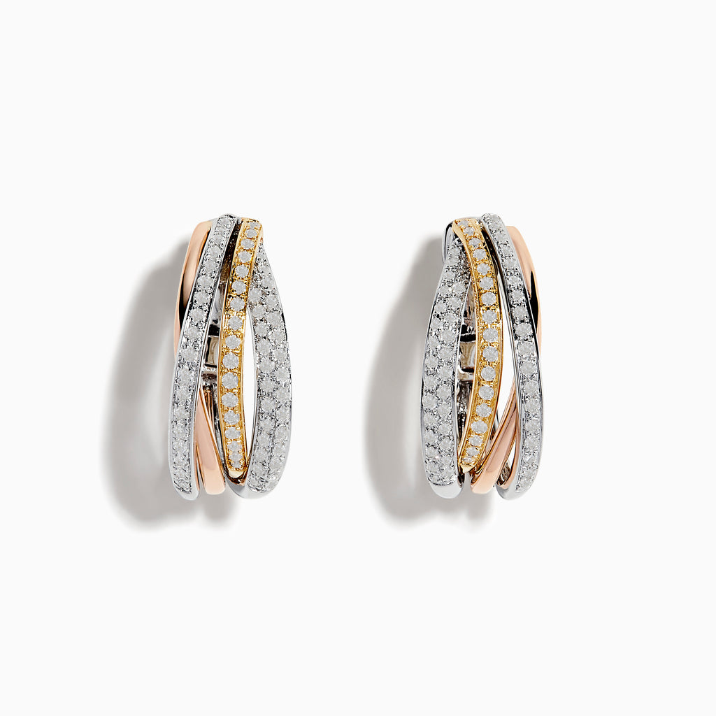 The Trio 14K Tri Color 5/8 Diamond Crossover Hoop Earrings, 0.52 TCW, feature intertwined rose, yellow, and white gold bands accented with sparkling diamonds for an elegant look.