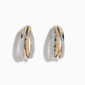 The Trio 14K Tri Color 5/8 Diamond Crossover Hoop Earrings, 0.52 TCW, feature intertwined rose, yellow, and white gold bands accented with sparkling diamonds for an elegant look.
