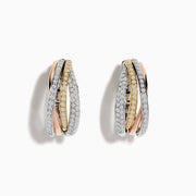 The Trio 14K Tri Color 5/8 Diamond Crossover Hoop Earrings, 0.52 TCW, feature intertwined rose, yellow, and white gold bands accented with sparkling diamonds for an elegant look.