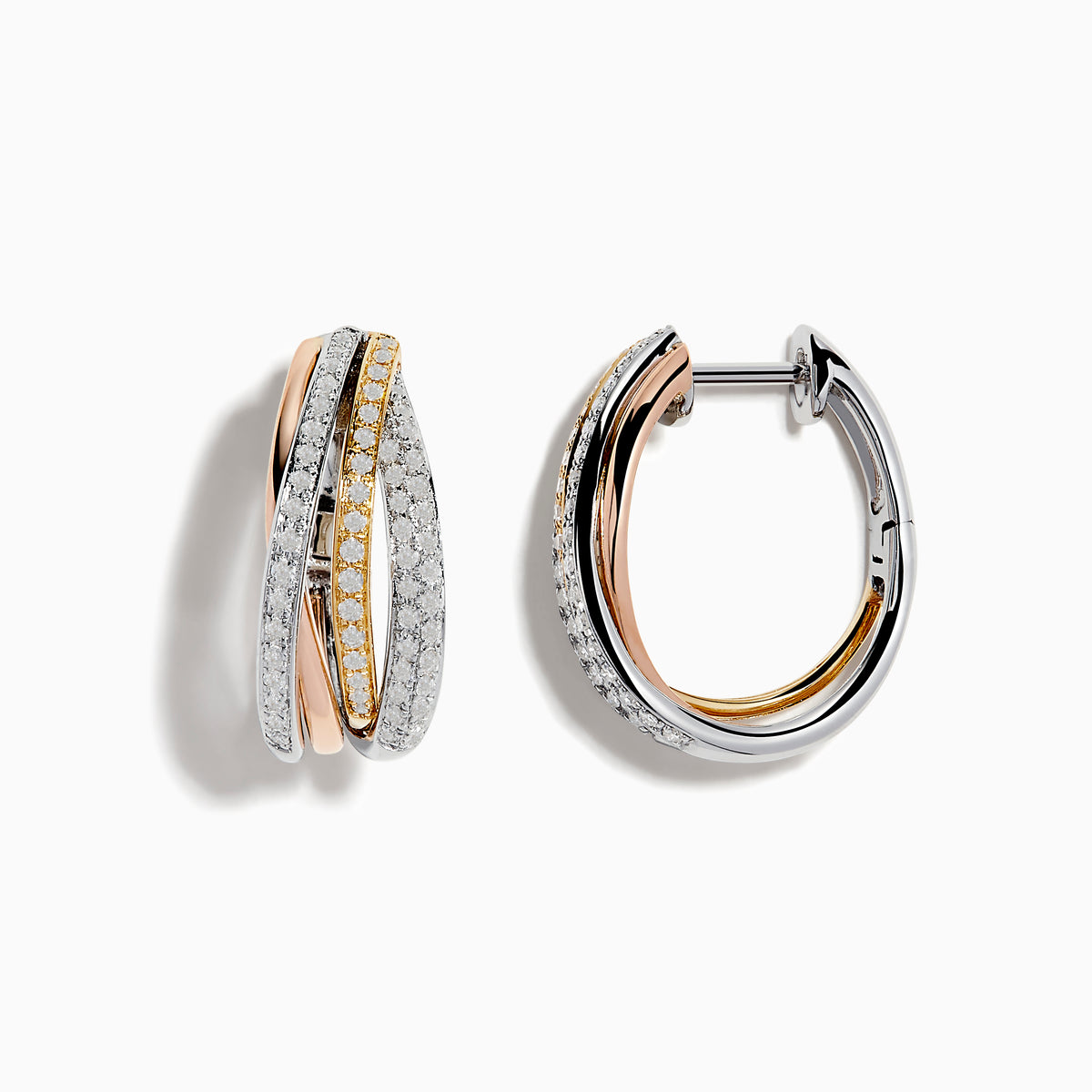 The Trio 14K Tri Color 5/8 Diamond Crossover Hoop Earrings, 0.52 TCW, feature intertwined rose, yellow, and white gold bands accented with sparkling diamonds for an elegant look.
