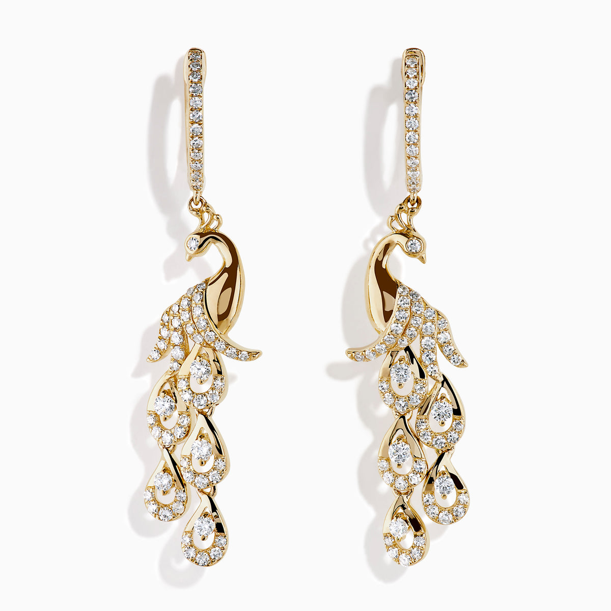 The 14K Yellow Gold Diamond Peacock Drop Earrings feature a peacock design with sparkling diamonds on the head, body, and tail feathers for a luxurious and elegant style.