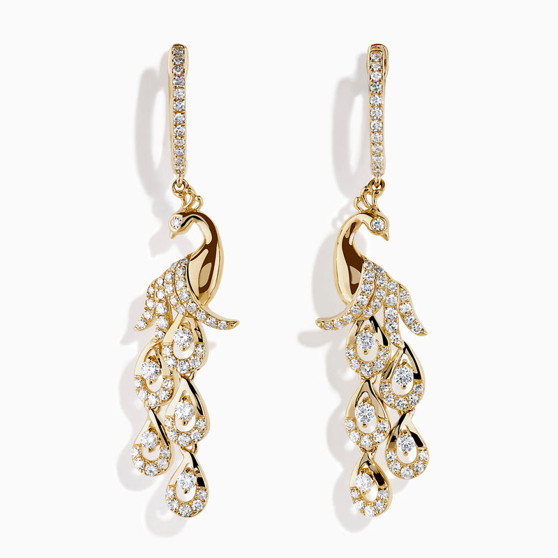 The 14K Yellow Gold Diamond Peacock Drop Earrings feature a peacock design with sparkling diamonds on the head, body, and tail feathers for a luxurious and elegant style.