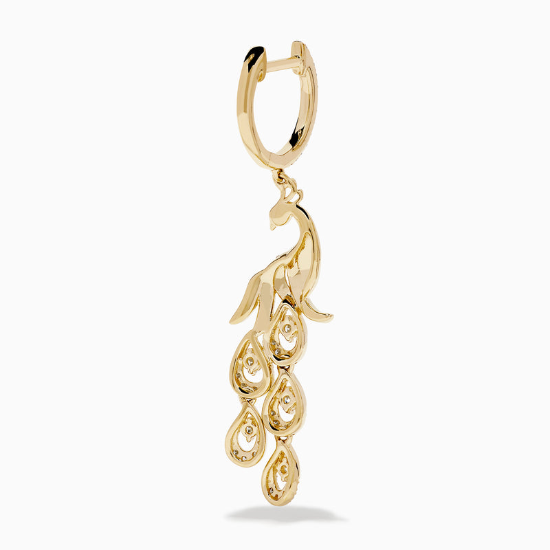 The 14K Yellow Gold Diamond Peacock Drop Earrings feature a peacock design with sparkling diamonds on the head, body, and tail feathers for a luxurious and elegant style.