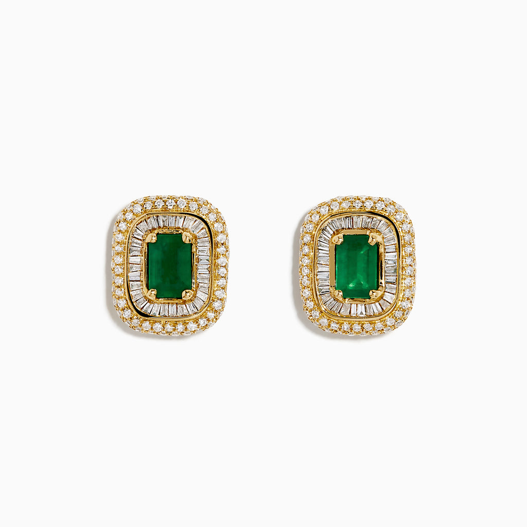 The 14K Yellow Gold Emerald and Diamond Double Halo Earrings showcase rectangular green emeralds at the center, framed by two rows of sparkling diamonds in an ornate design.