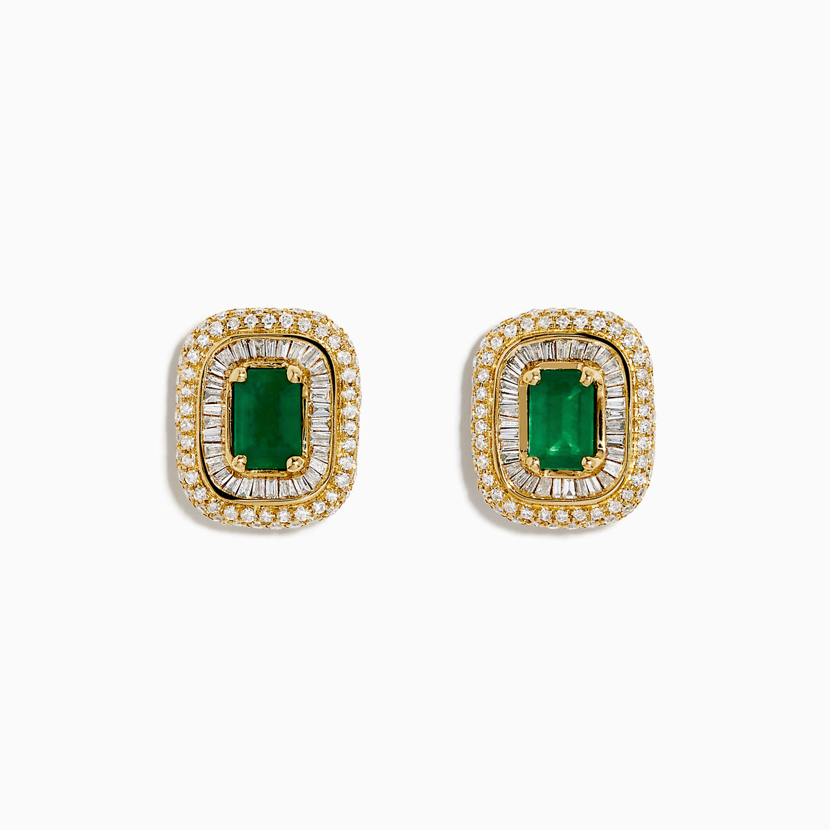 The 14K Yellow Gold Emerald and Diamond Double Halo Earrings showcase rectangular green emeralds at the center, framed by two rows of sparkling diamonds in an ornate design.
