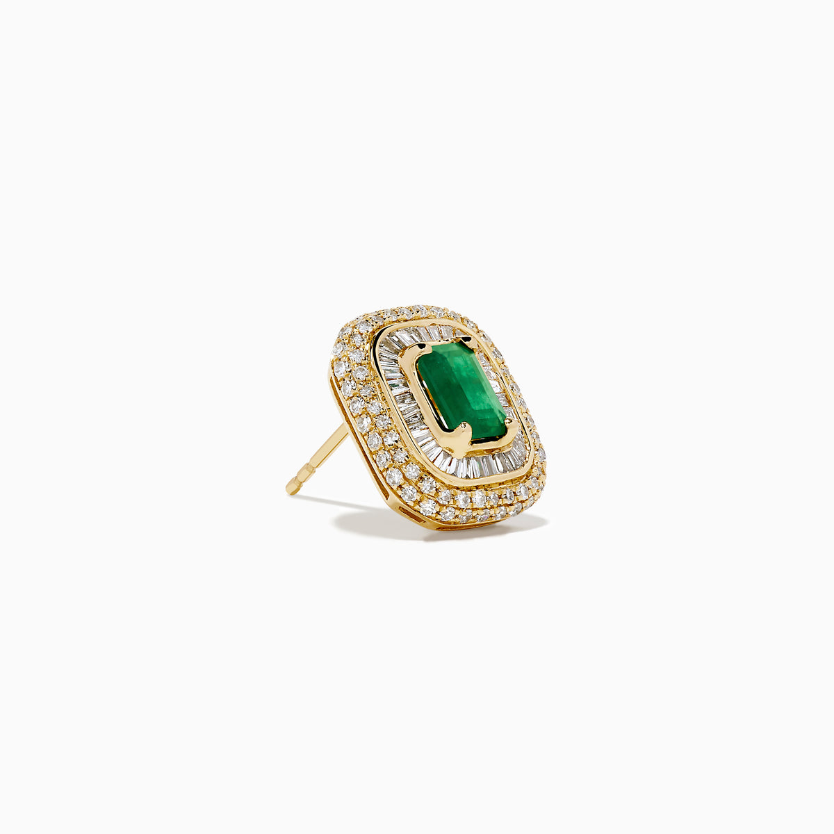 The 14K Yellow Gold Emerald and Diamond Double Halo Earrings showcase rectangular green emeralds at the center, framed by two rows of sparkling diamonds in an ornate design.