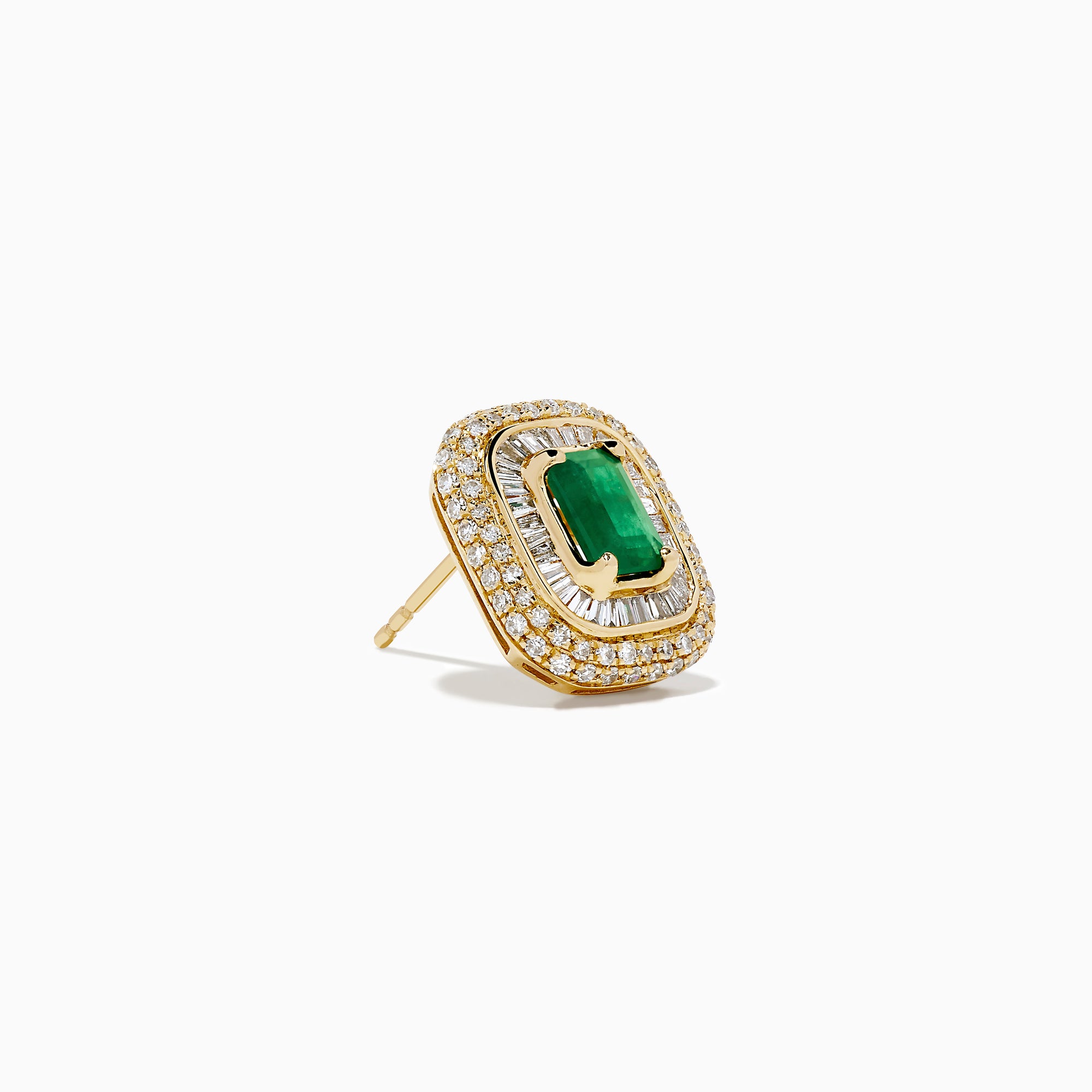 The 14K Yellow Gold Emerald and Diamond Double Halo Earrings showcase rectangular green emeralds at the center, framed by two rows of sparkling diamonds in an ornate design.