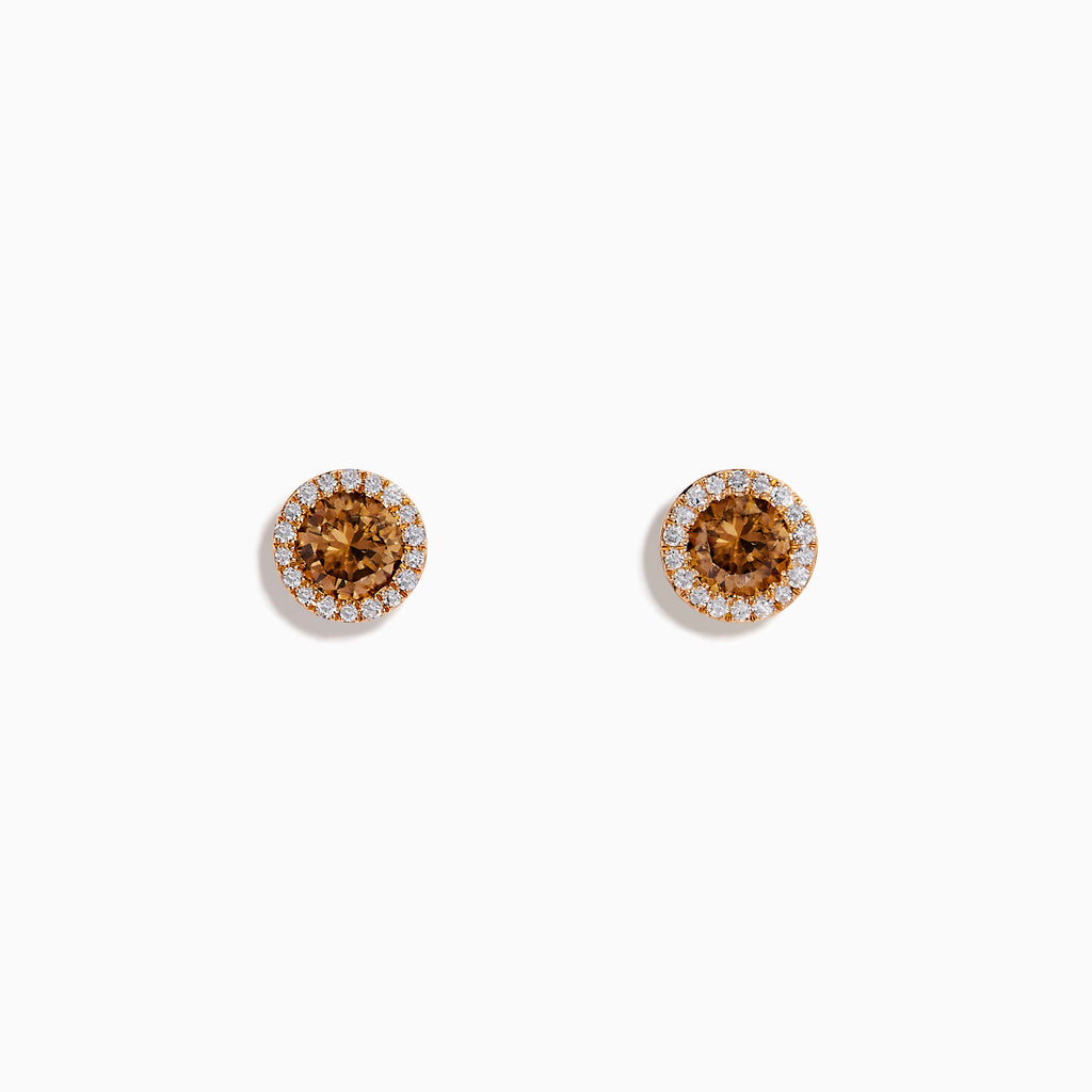 14K Rose Gold Brown and White Diamond Round Halo Earrings
