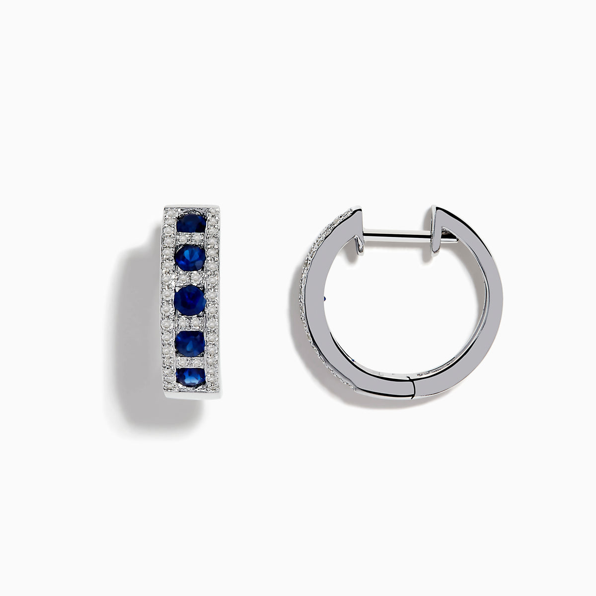 The Royale Bleu 14K White Gold Sapphire & Diamond Hoop Earrings, 1.03 TCW, showcase rows of sapphires bordered by diamond accents, elegantly displayed against a white background.