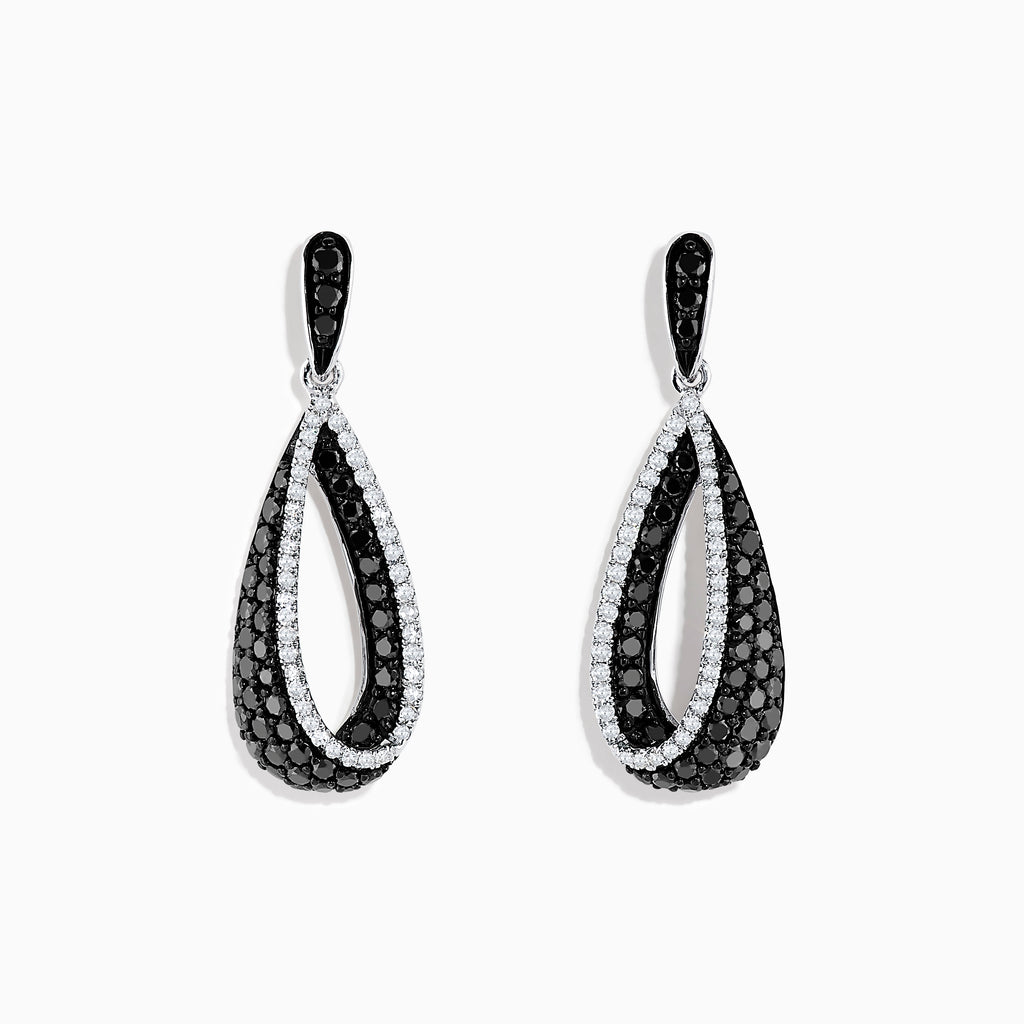 These 14K White Gold Black and White Diamond Earrings (1.30 TCW) feature elegant interlocking teardrop shapes adorned with sparkling diamond accents.