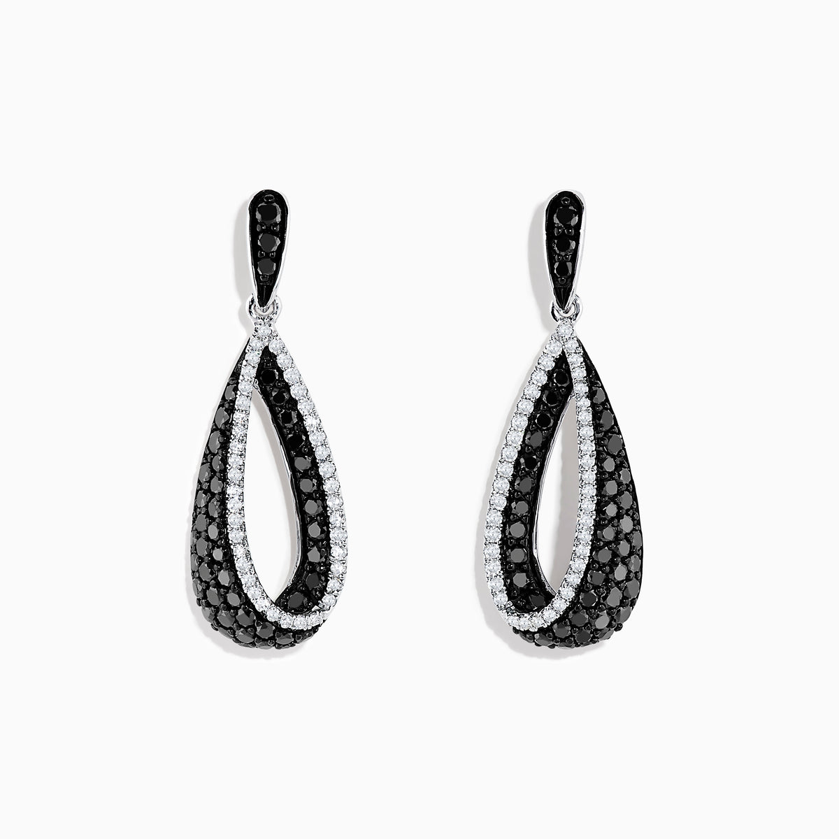 These 14K White Gold Black and White Diamond Earrings (1.30 TCW) feature elegant interlocking teardrop shapes adorned with sparkling diamond accents.