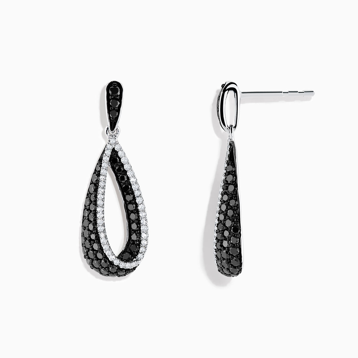 These 14K White Gold Black and White Diamond Earrings (1.30 TCW) feature elegant interlocking teardrop shapes adorned with sparkling diamond accents.