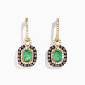 The 14k Yellow Gold Brown & White Diamond Halo Emerald Drop Earrings feature oval emeralds with brown and white diamond halos, plus diamonds on the hooks, shown against a white background.