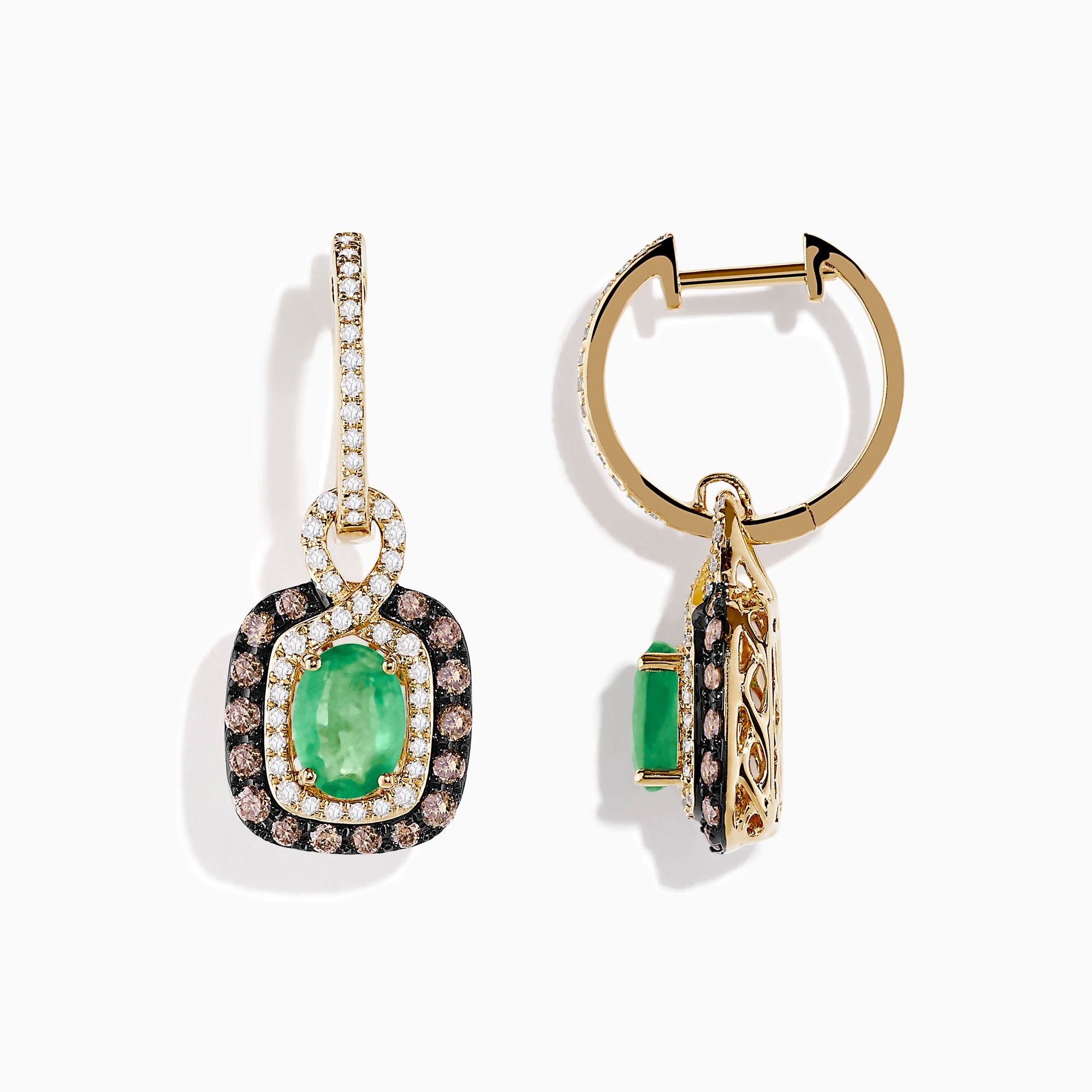 The 14k Yellow Gold Brown & White Diamond Halo Emerald Drop Earrings feature oval emeralds with brown and white diamond halos, plus diamonds on the hooks, shown against a white background.