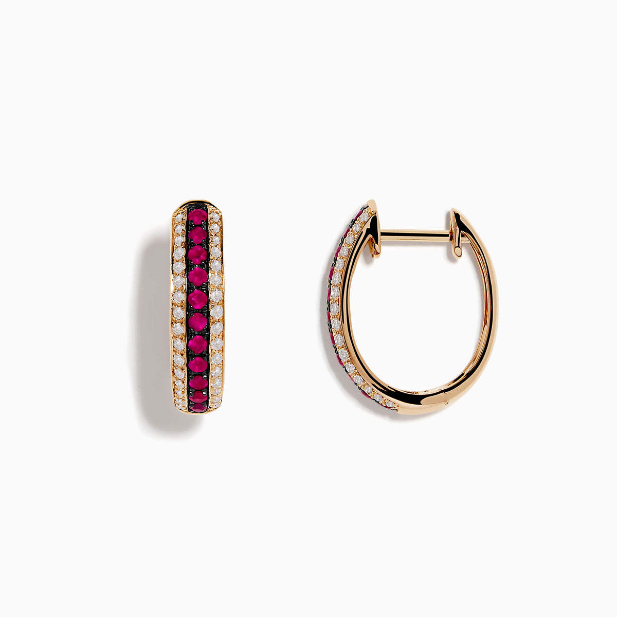 The Ruby Royale 14K Rose Gold Hoop Earrings feature a central row of rubies bordered by diamonds (0.55 TCW), elegantly displayed on a white background.