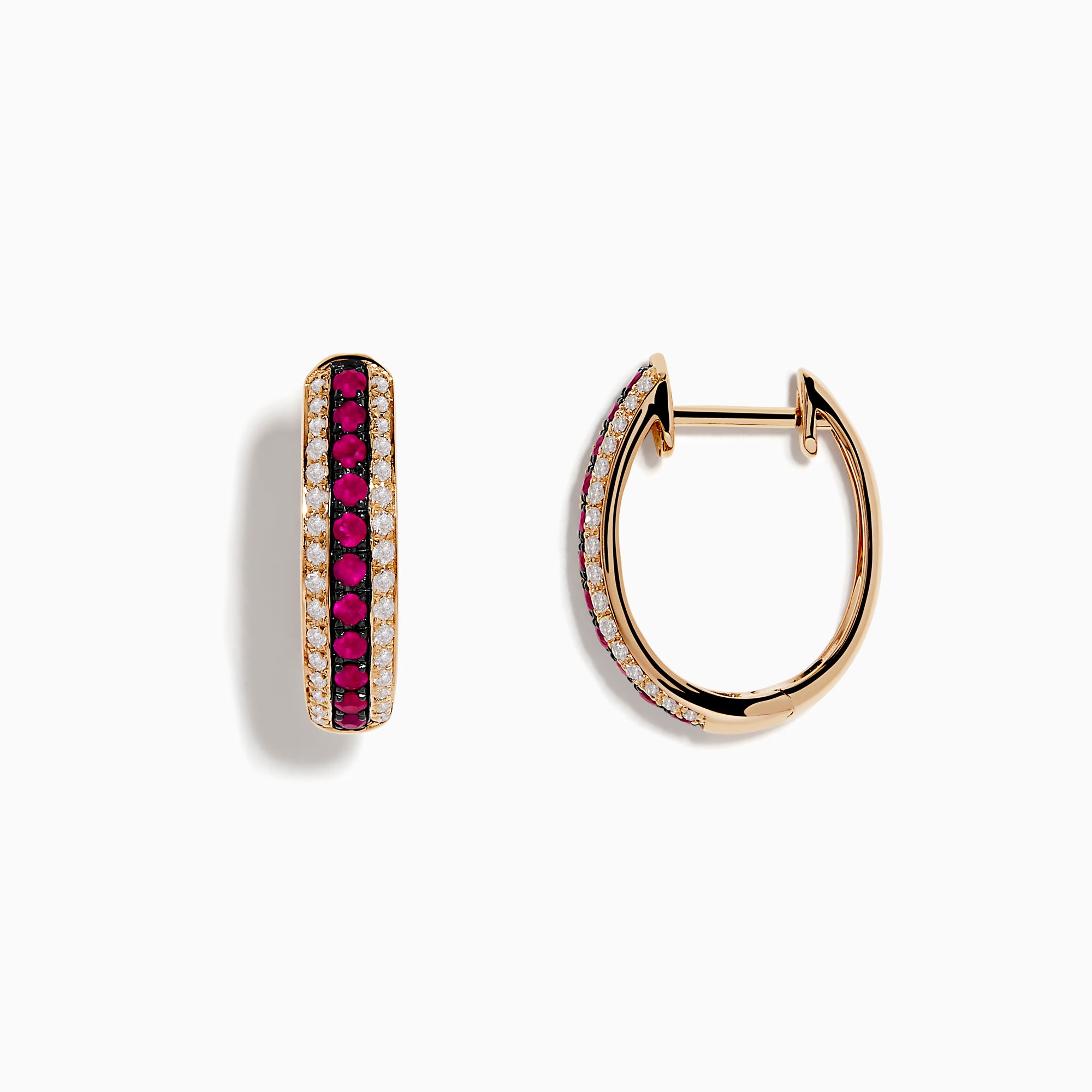 The Ruby Royale 14K Rose Gold Hoop Earrings feature a central row of rubies bordered by diamonds (0.55 TCW), elegantly displayed on a white background.