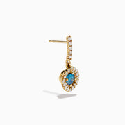14K Yellow Gold Blue and White Diamond Dangle Earrings featuring a central blue gem encircled by a halo of white diamonds, with extra diamonds along the hooks, displayed on a white background.