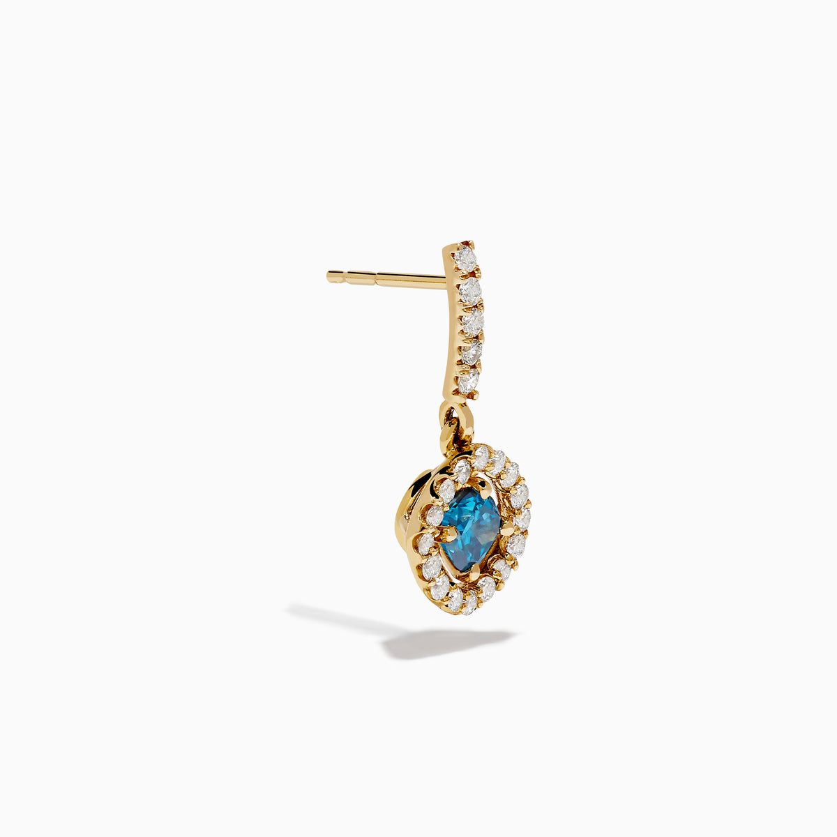 14K Yellow Gold Blue and White Diamond Dangle Earrings featuring a central blue gem encircled by a halo of white diamonds, with extra diamonds along the hooks, displayed on a white background.