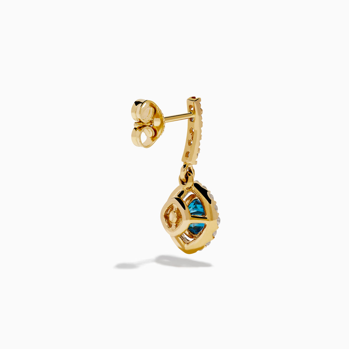 14K Yellow Gold Blue and White Diamond Dangle Earrings featuring a central blue gem encircled by a halo of white diamonds, with extra diamonds along the hooks, displayed on a white background.