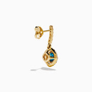 14K Yellow Gold Blue and White Diamond Dangle Earrings featuring a central blue gem encircled by a halo of white diamonds, with extra diamonds along the hooks, displayed on a white background.