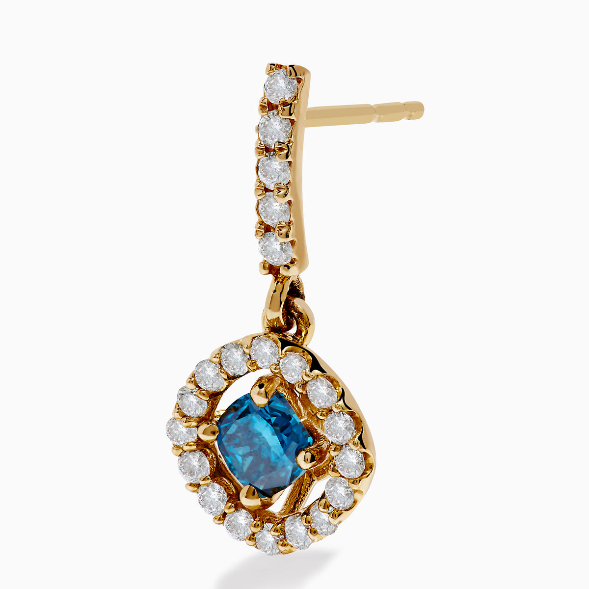 14K Yellow Gold Blue and White Diamond Dangle Earrings featuring a central blue gem encircled by a halo of white diamonds, with extra diamonds along the hooks, displayed on a white background.