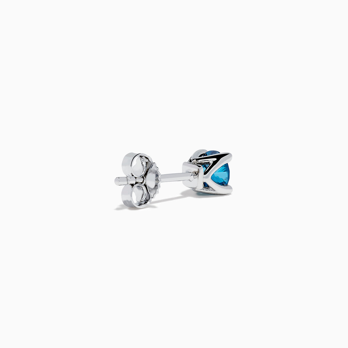 The 14K White Gold Blue Diamond Stud Earrings feature round blue diamonds set in white gold prongs, shown on a white background.