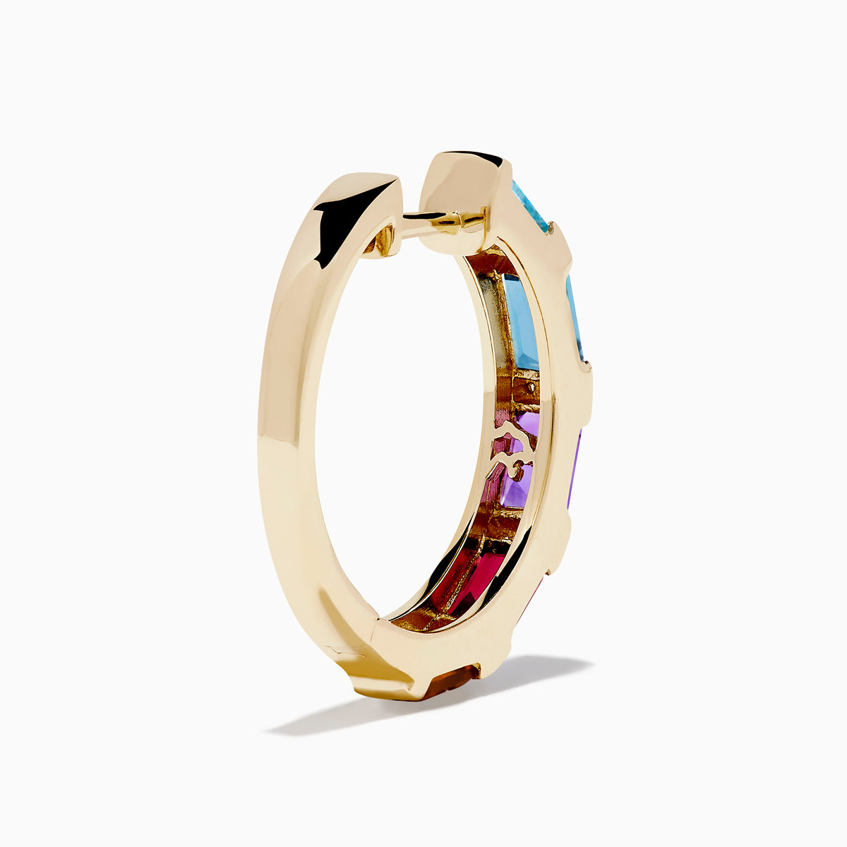 The Mosaic 14K Yellow Gold Multi Color Gemstone and Diamond Earrings feature rectangular blue, purple, and red stones separated by small diamonds, displayed against a white background.
