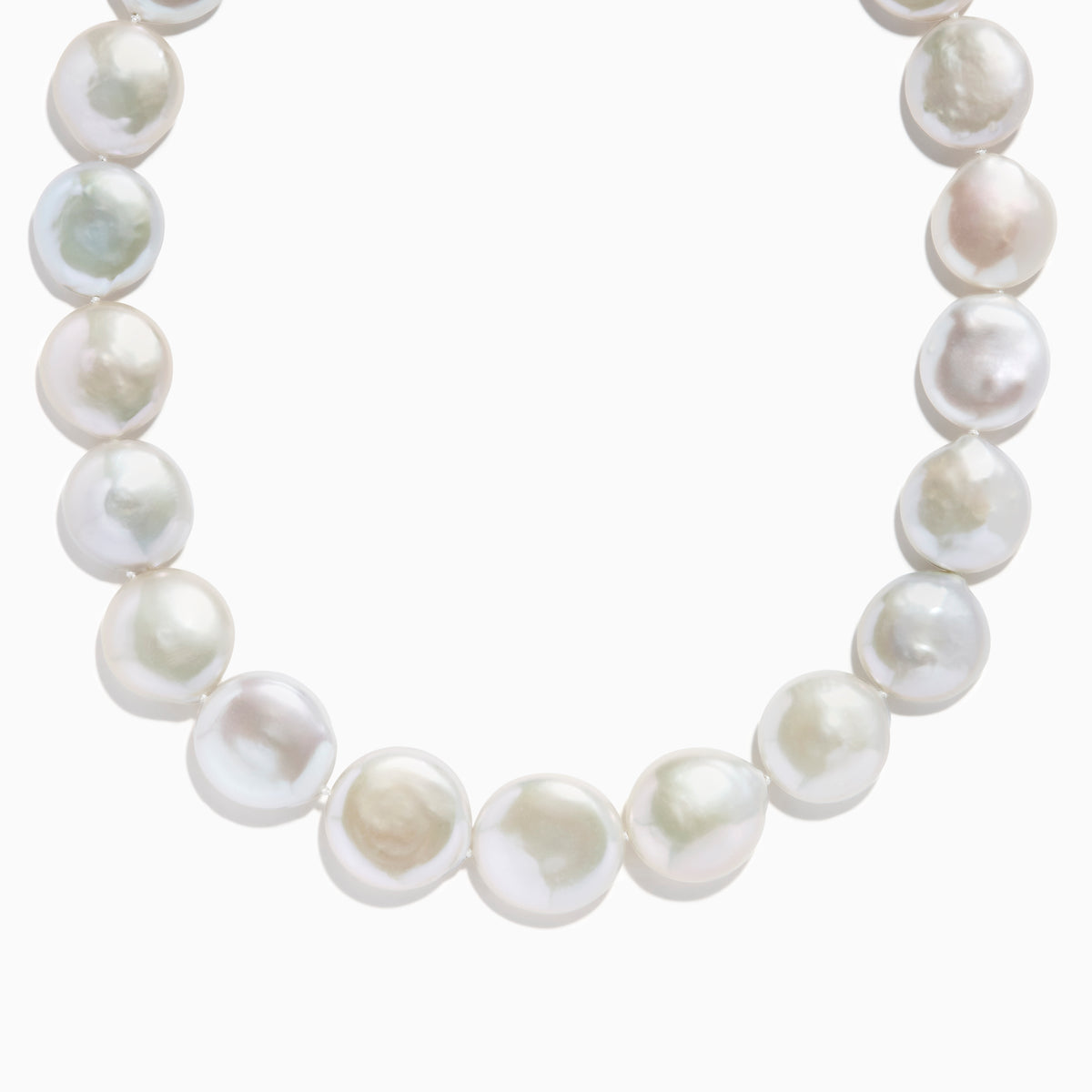 A close-up of the 14K Yellow Gold Freshwater Coin Shape Pearl Necklace, showcasing round, iridescent pearls in a partial semicircle on a white background.
