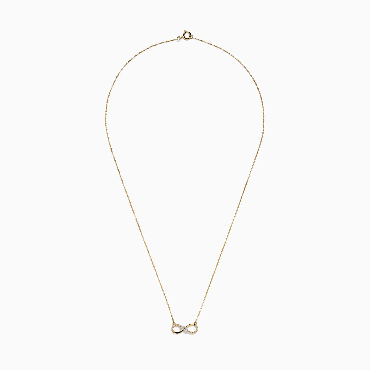 14K Yellow Gold Diamond Accented Infinity Necklace featuring an infinity symbol pendant with diamond accents, displayed against a white background.