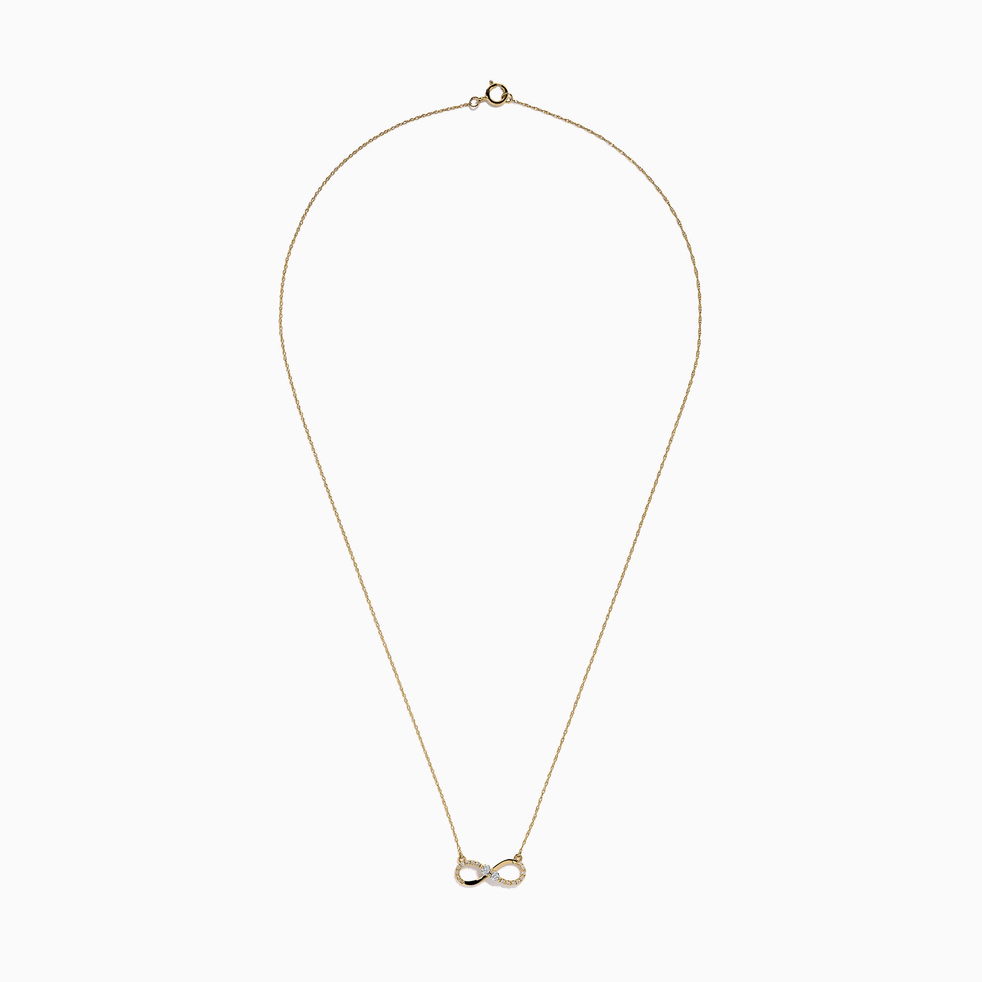 14K Yellow Gold Diamond Accented Infinity Necklace featuring an infinity symbol pendant with diamond accents, displayed against a white background.