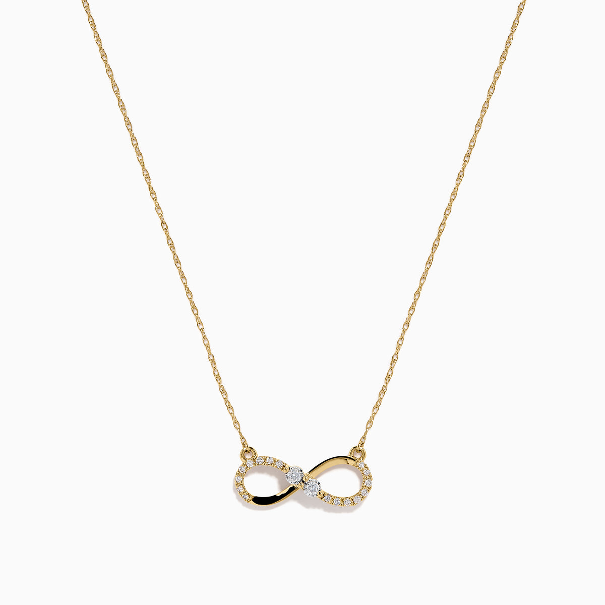 14K Yellow Gold Diamond Accented Infinity Necklace featuring an infinity symbol pendant with diamond accents, displayed against a white background.