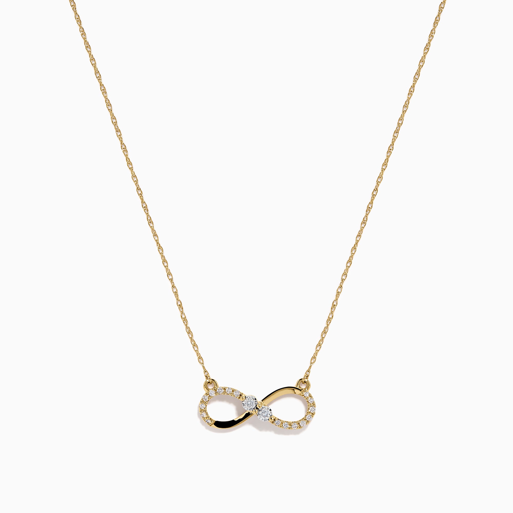 14K Yellow Gold Diamond Accented Infinity Necklace featuring an infinity symbol pendant with diamond accents, displayed against a white background.