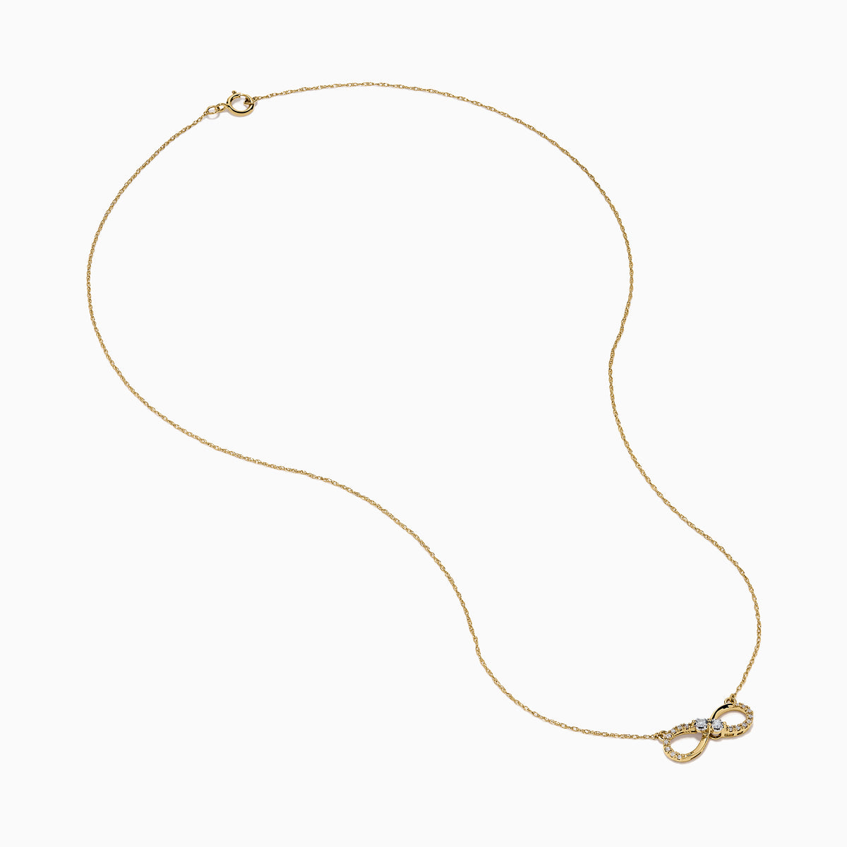 14K Yellow Gold Diamond Accented Infinity Necklace featuring an infinity symbol pendant with diamond accents, displayed against a white background.