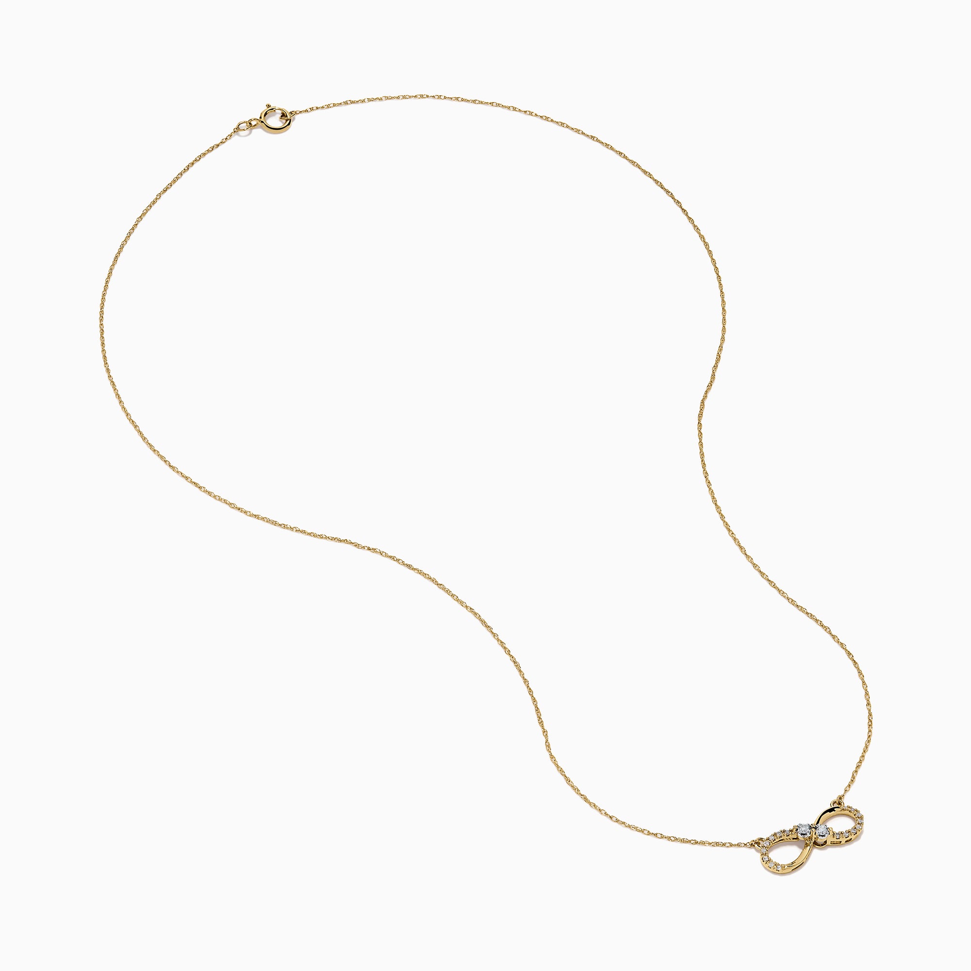 14K Yellow Gold Diamond Accented Infinity Necklace featuring an infinity symbol pendant with diamond accents, displayed against a white background.