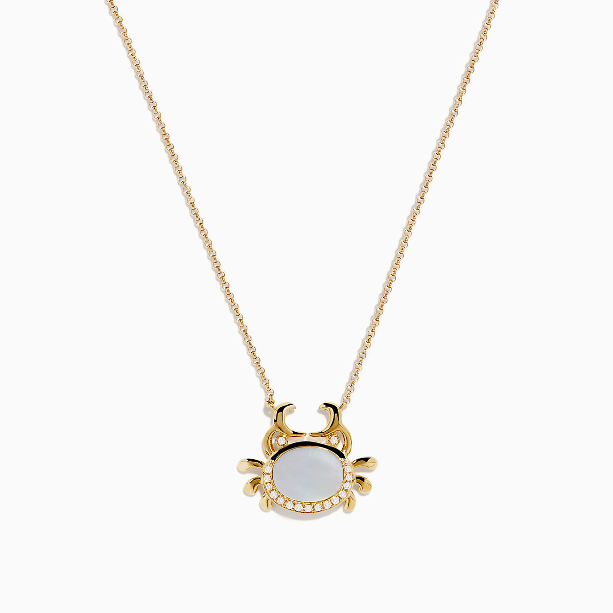 The Seaside 14K Yellow Gold Mother Of Pearl and Diamond Crab Necklace features a white oval mother of pearl center, shimmering diamond accents, and a charming crab pendant on a delicate yellow gold chain.