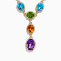 The Mosaic 14K Yellow Gold Diamond and Multi Color Gemstone Statement Necklace showcases four large oval gemstones—blue, green, orange, and purple—each encircled by diamonds in a vertical design on a white background.