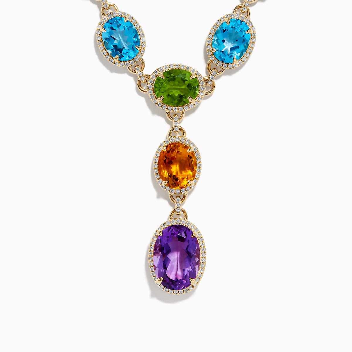 The Mosaic 14K Yellow Gold Diamond and Multi Color Gemstone Statement Necklace showcases four large oval gemstones—blue, green, orange, and purple—each encircled by diamonds in a vertical design on a white background.