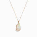 The Aurora 14K Rose Gold Opal and Diamond Pendant features a teardrop-shaped opal accented by a delicate swirl of sparkling diamonds, hanging from a fine gold chain against a plain white background.