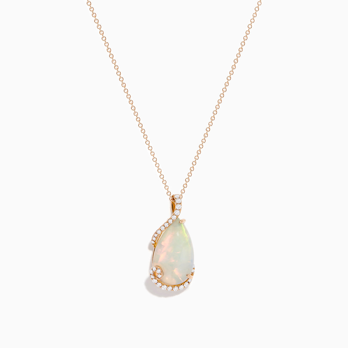 The Aurora 14K Rose Gold Opal and Diamond Pendant features a teardrop-shaped opal accented by a delicate swirl of sparkling diamonds, hanging from a fine gold chain against a plain white background.