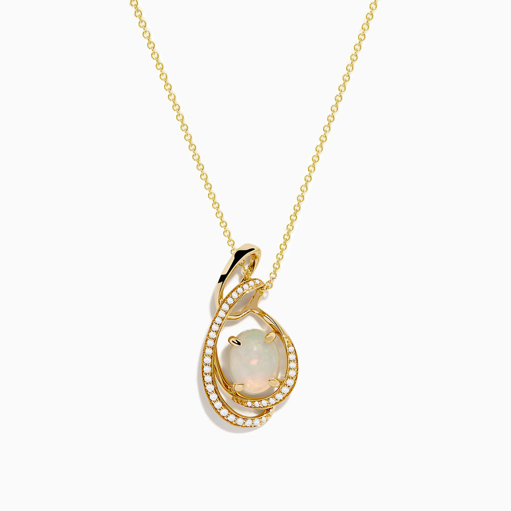 The Aurora 14K Yellow Gold Opal and Diamond Pendant features a teardrop opal encircled by sparkling diamonds on a delicate gold chain.